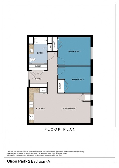 Floor plan for 2 beds, 1 bath, 895 sqft